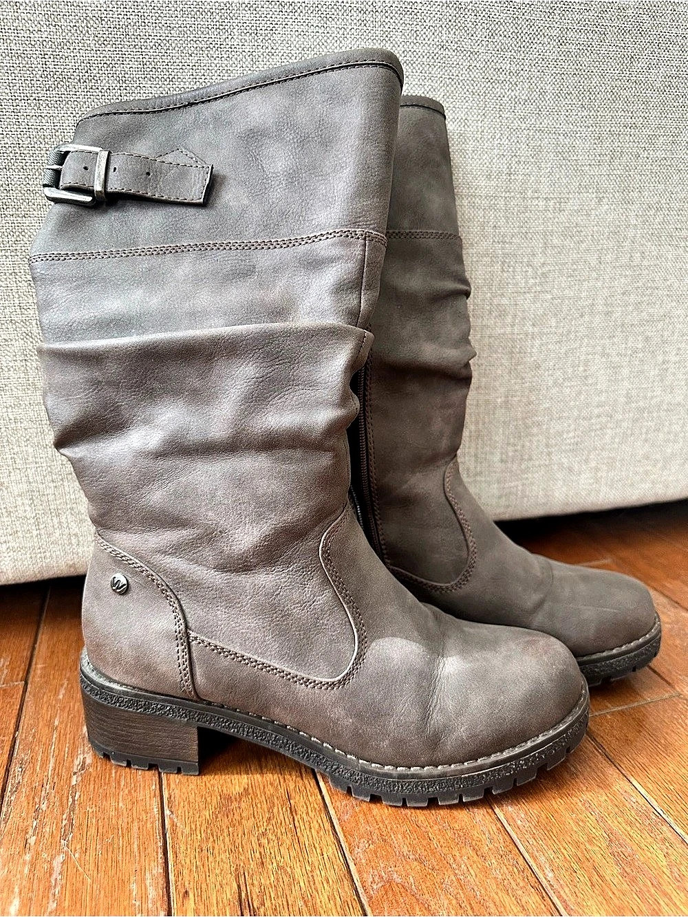 Tall Buckle Ankle Zip Boots in Gray